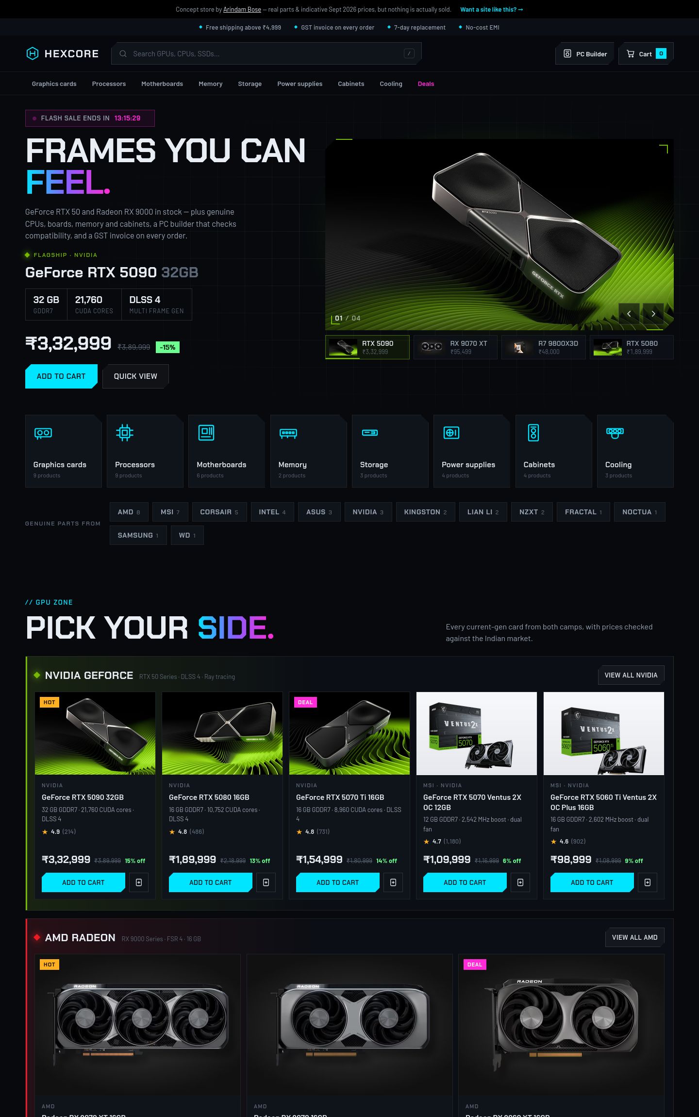 Hexcore PC components store — real GPUs, CPUs and parts with a 3D graphics card and PC builder