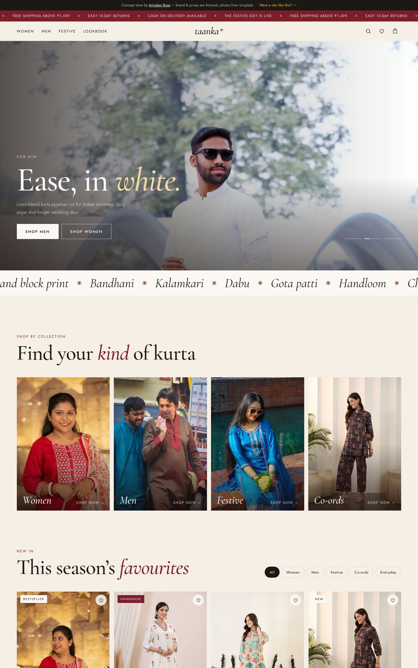 Taanka handcrafted kurta store — full-screen photo hero and product grid